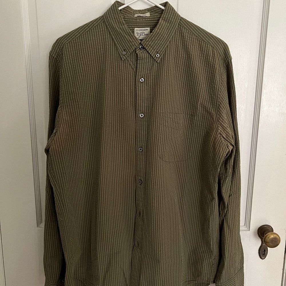 Green and brown seersucker button down from J. Crew